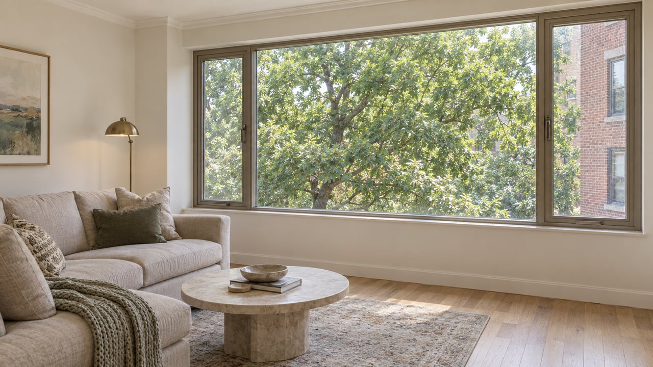 Condo living room with an oatmeal sofa, stone coffee table, and oak tree beyond a three-part window.
