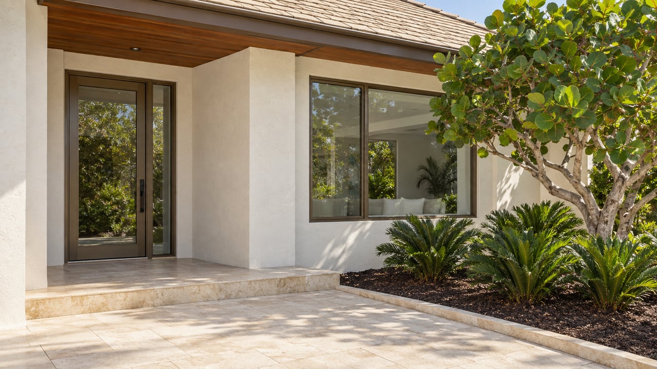 A recessed glass entrance beneath a pale tiled roof, with off-white stucco, limestone paving and a sculptural sea grape tree.