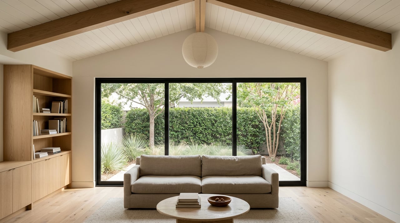 Vaulted oak-ceiling living room with black steel doors opening onto a hedge-enclosed patio.