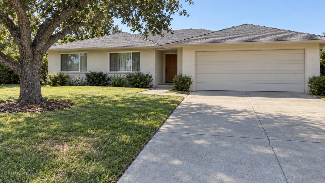 Sunlit single-story stucco home with a gray hip roof, attached two-car garage, deep front lawn and mature oak beside a concrete driveway.