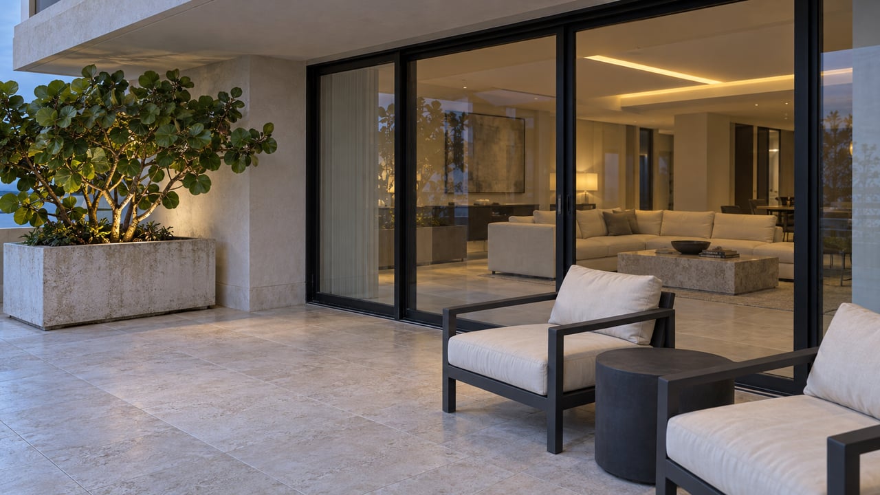 A covered terrace with pale stone paving, ivory lounge cushions and a sculptural sea grape beside black-framed living-room windows at blue hour.