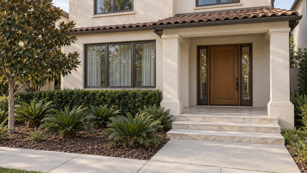 Ivory stucco home with bronze-framed windows, an oak entrance and limestone porch behind a compact planted front garden.