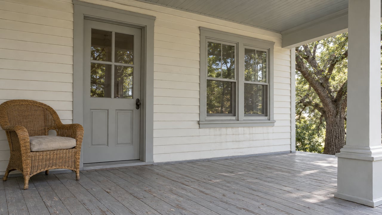 A cream-sided home's covered porch with weathered painted boards, a wicker chair, closed glazed entry and paired windows beside a mature live oak.