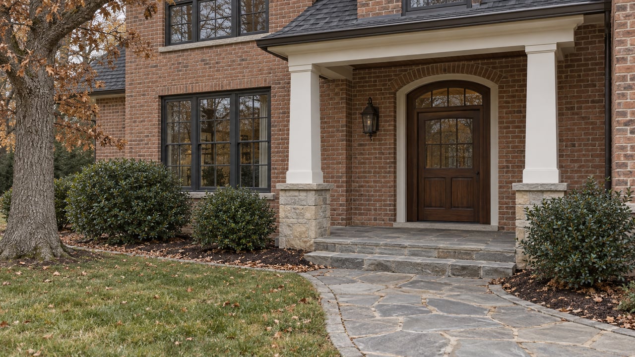 Brick home with white porch columns, an arched wood entrance and a bluestone approach bordered by late-autumn planting.