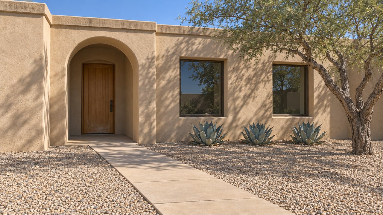 Warm stucco home with a recessed arched oak entry, bronze-framed windows, and a broad gravel forecourt planted with ironwood and agaves.