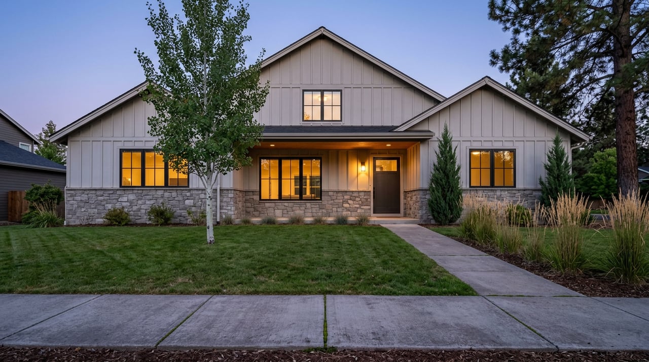 Two-story stone-and-siding home at dusk, with warm glowing windows, an entry sconce, and a tall pine beside the roofline.