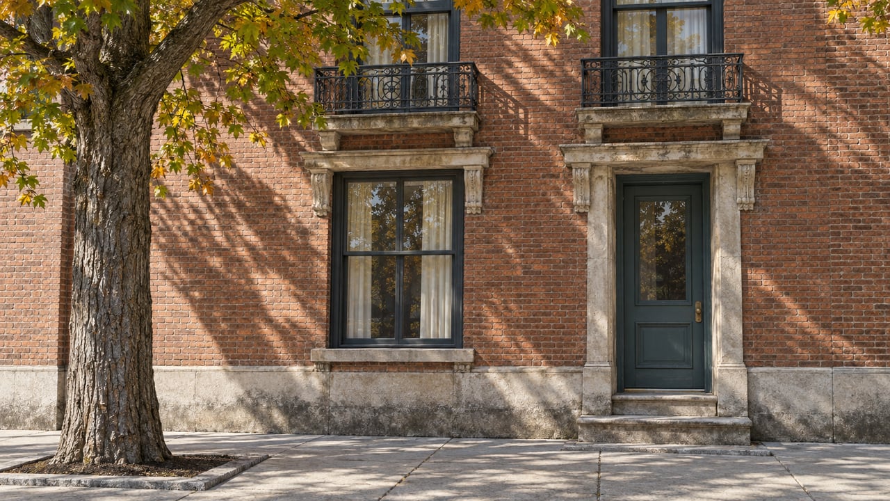 Sunlit brick residential facade with limestone window surrounds, a teal door and an autumn maple beside the sidewalk.