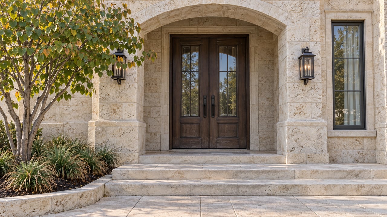 Cream limestone arched entry with dark oak double doors, broad stone steps and a small sculptural tree.