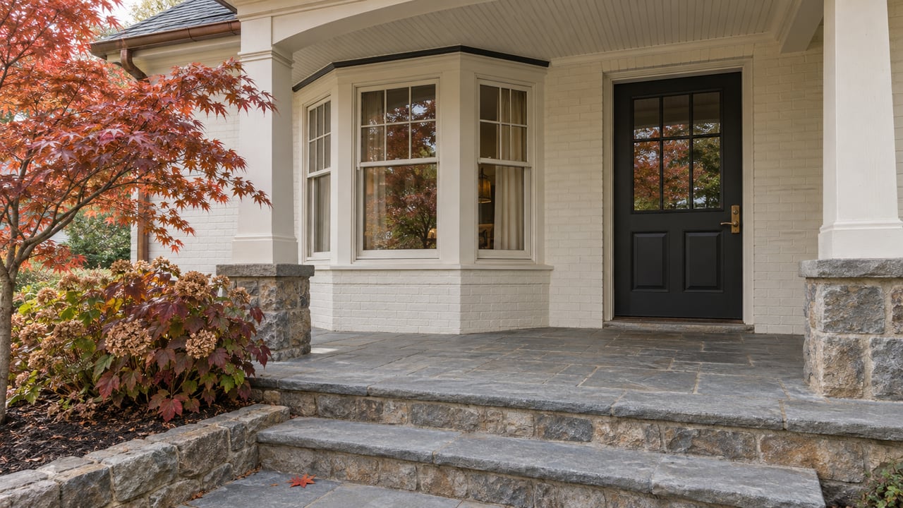 Cream-painted brick home with a covered bluestone entry porch, dark glazed front door and copper-red autumn maple.