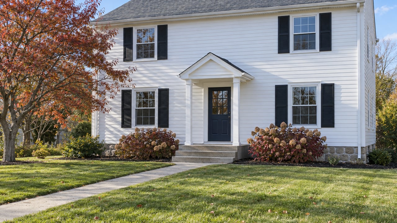 White-sided two-story home with black shutters, a navy entry door and a deep autumn lawn.