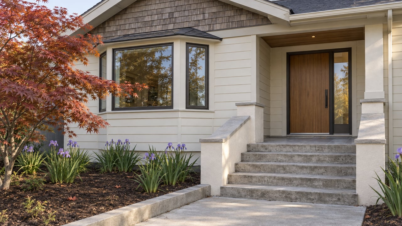Renovated raised bungalow with ivory siding, cedar shingles, a fir entry door and concrete garden steps beside a rust-red Japanese maple.
