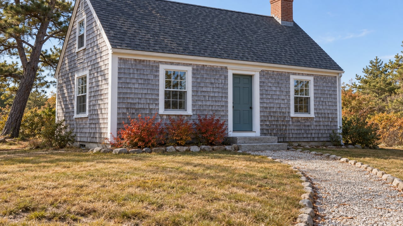 Weathered cedar-shingle cottage with white windows, a muted teal door and granite steps beyond a tawny lawn and curved gravel walk.