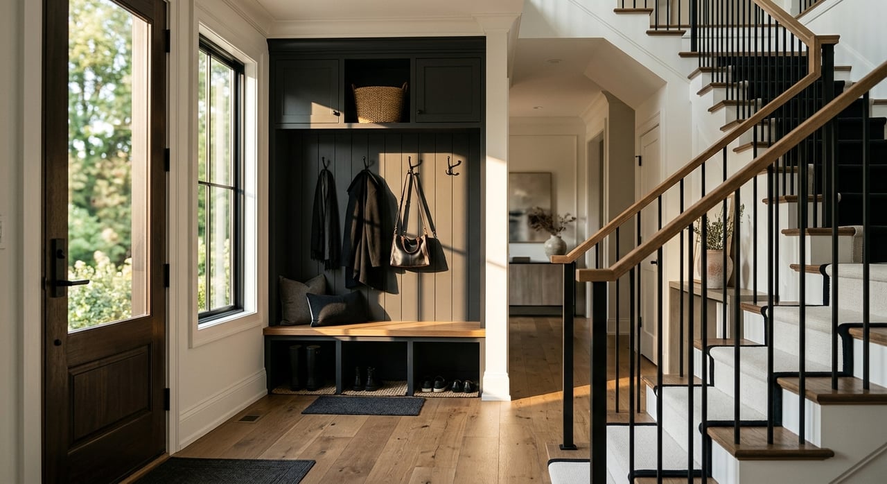Entry foyer with oak bench and black hooks, a black glass-paneled door, and walnut stairs.