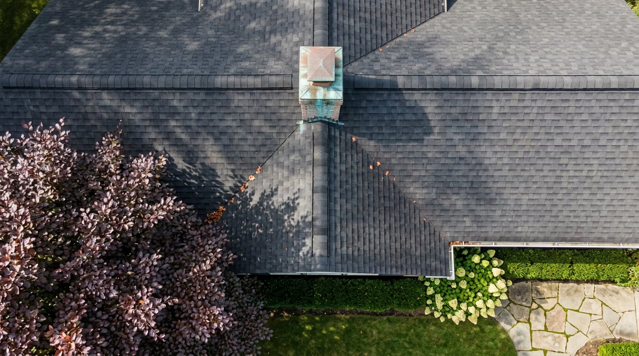 Overhead view of a shingled roof valley with a verdigris-streaked copper chimney and beech leaves at the edge.