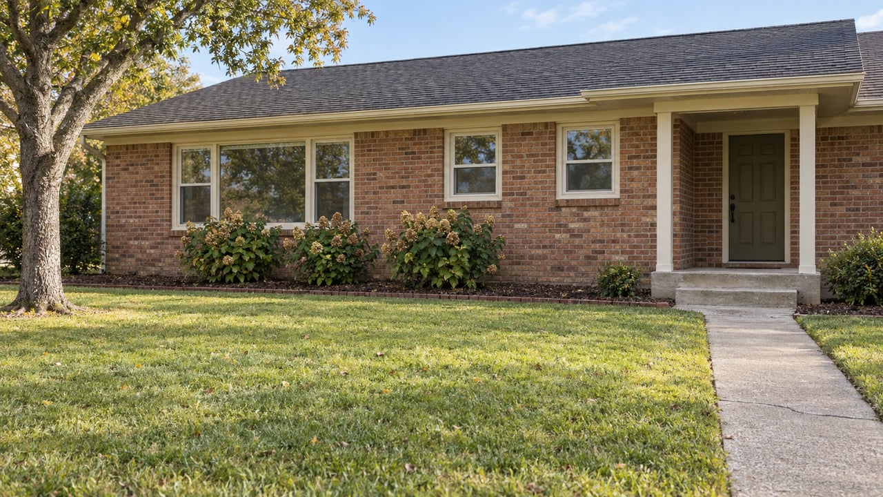 Modest single-story brick ranch behind a broad autumn lawn, with a concrete entry walk and mature willow oak.