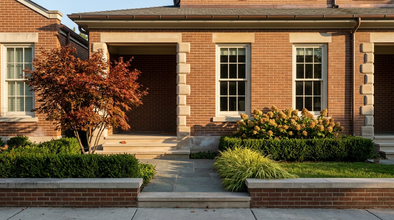 Brick rowhome with limestone trim, bluestone steps, and a red-orange Japanese maple beside the entry.