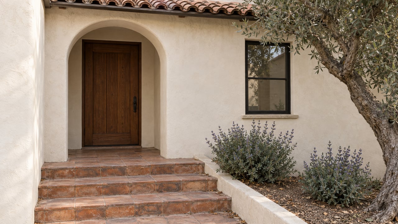 Ivory stucco entry with an arched oak door, terracotta steps, and a pruned olive tree.