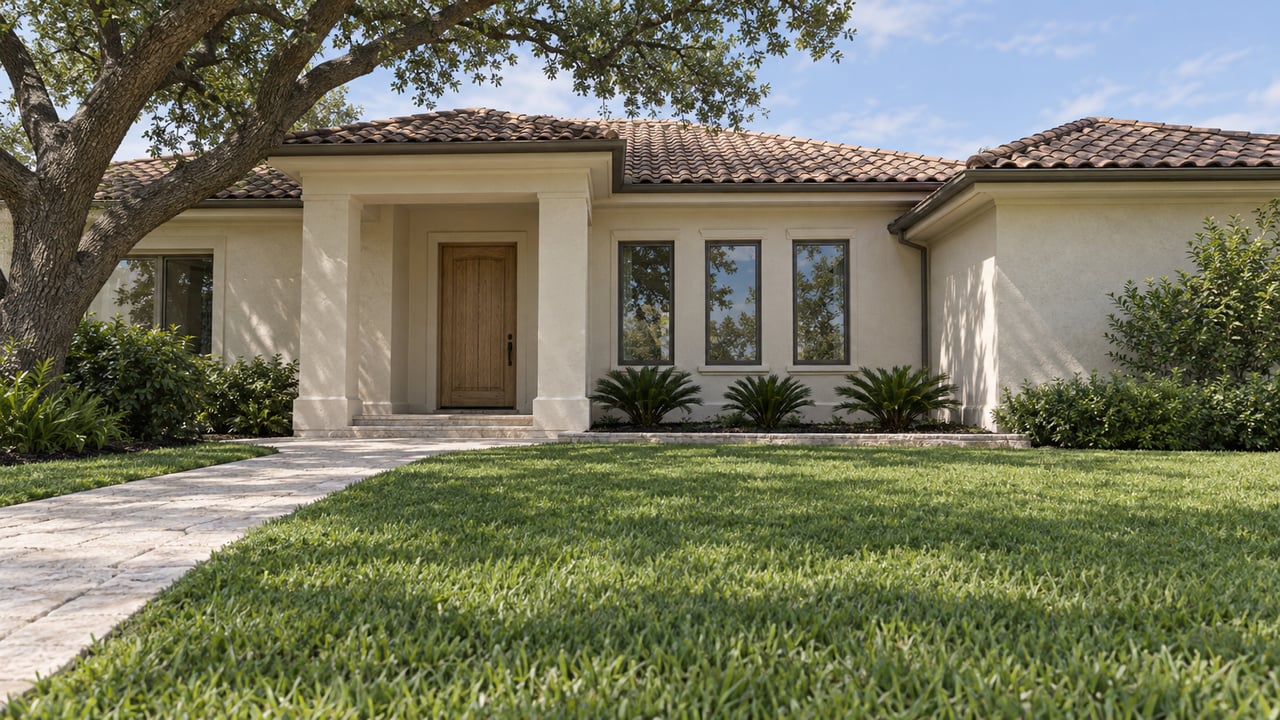 A sunlit stucco home with a clay-tile roof, shell-stone approach, broad front lawn, and spreading live oak.