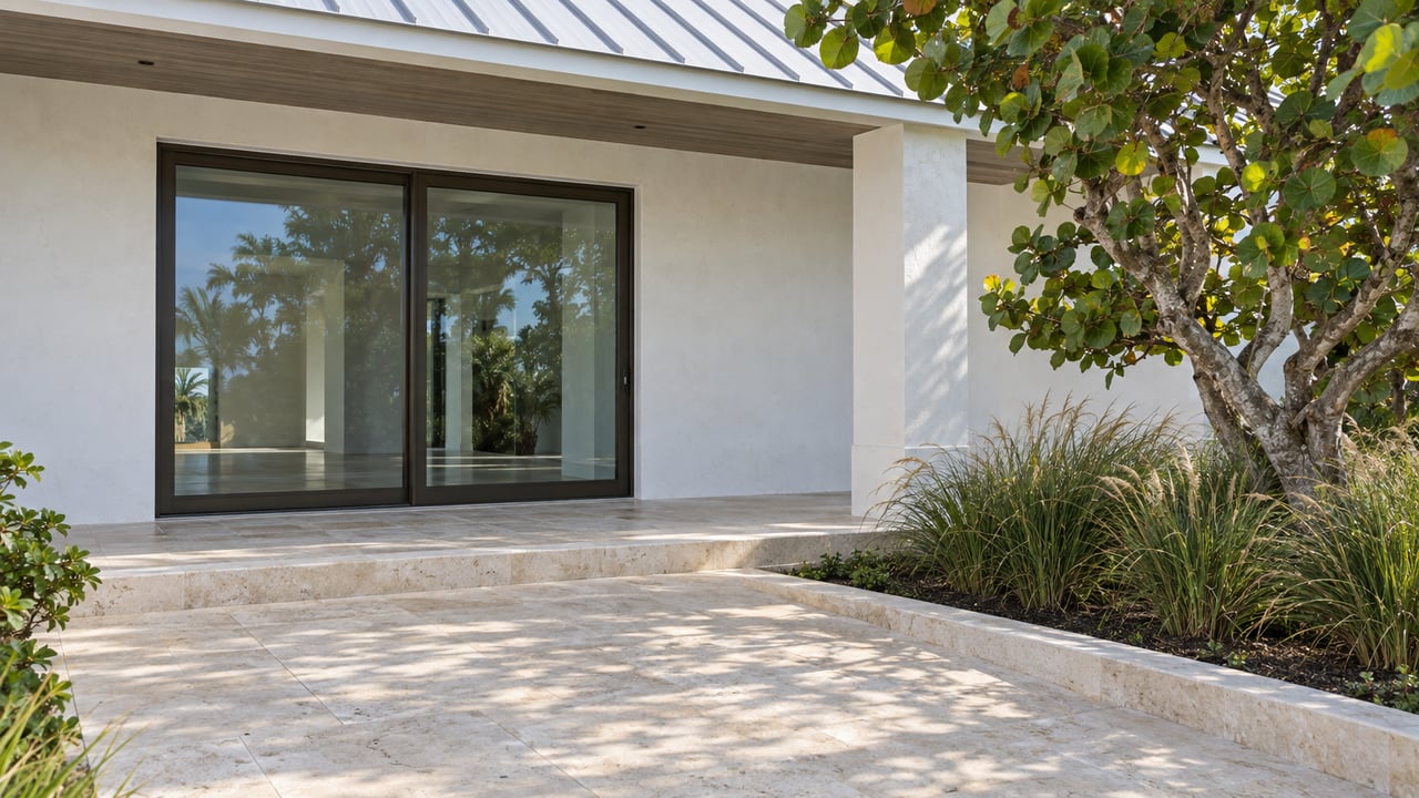 Coastal home frontage with closed glass doors, limestone approach, and a sea grape tree at the edge.