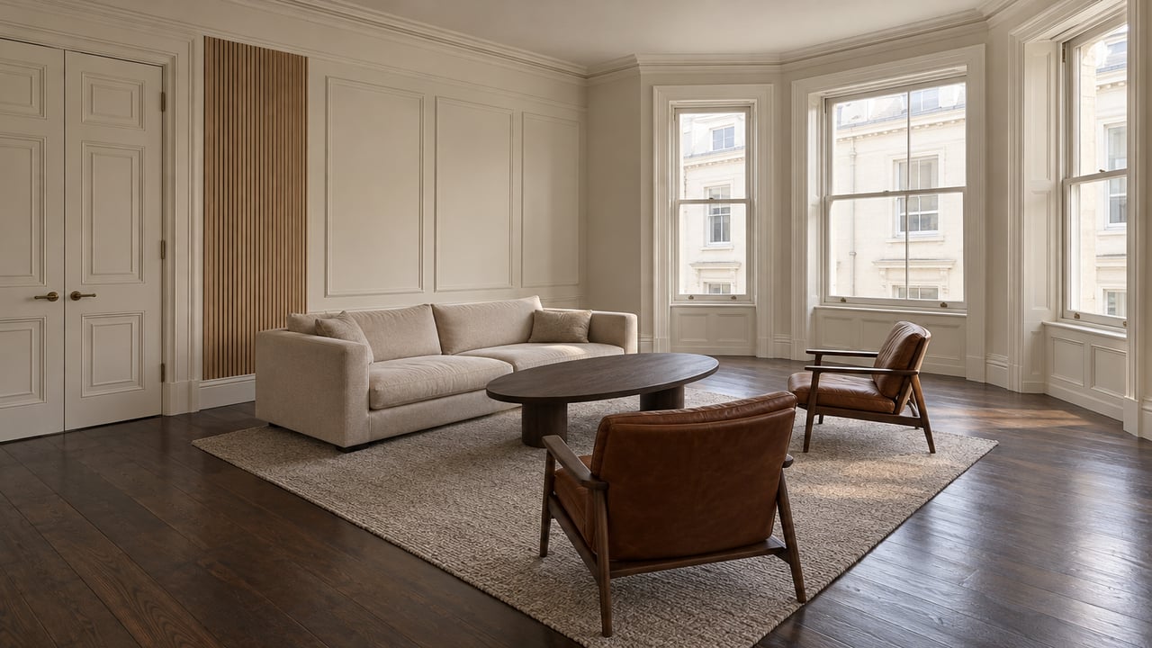 Spacious living room with corner bay windows, ivory paneling, dark oak floors and a widely spaced sofa and leather chairs.