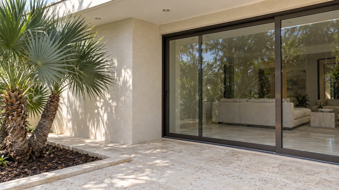 Cream stucco home with bronze-framed sliding glass, pale limestone terrace paving and a silver-green saw palmetto in an edged planting bed.