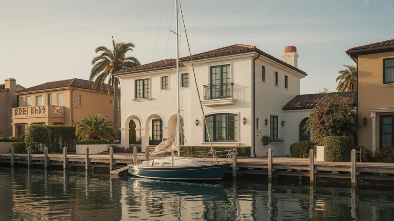 Sailboat moored before a white waterfront villa, with palm trees and neighboring homes along the canal.