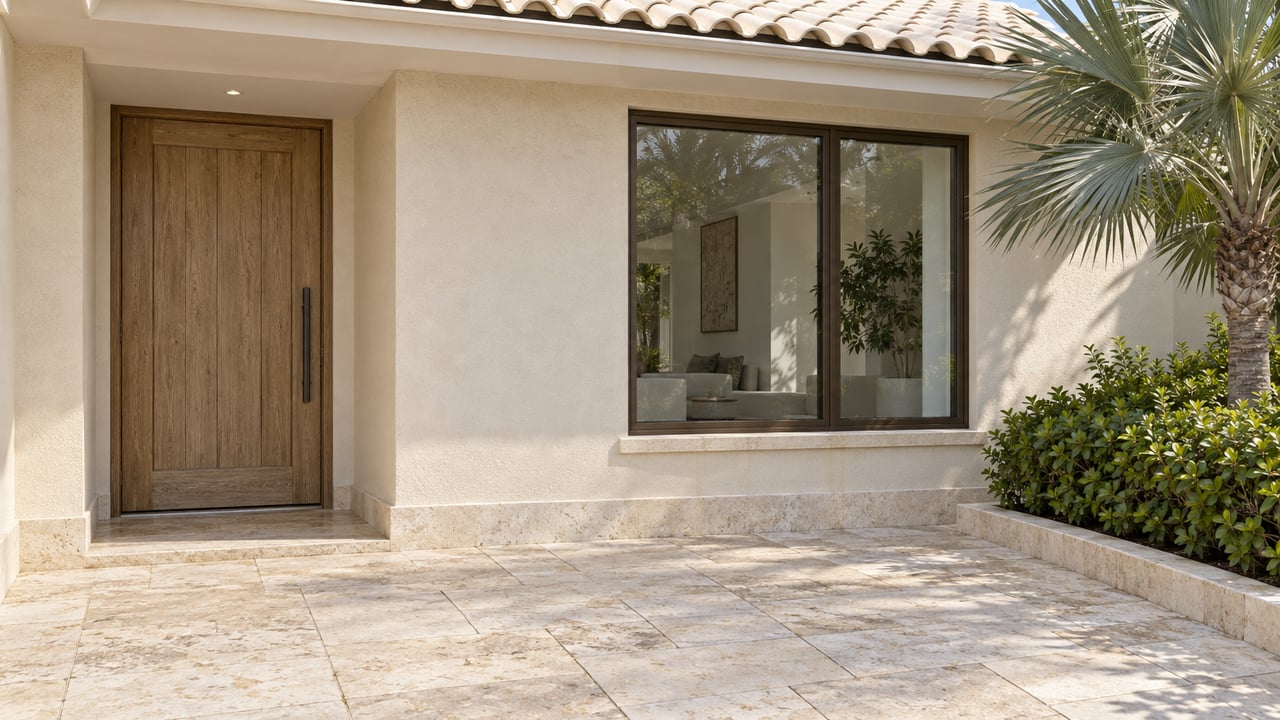 Cream limestone approach leads to a recessed oak door beside a broad bronze-framed window.