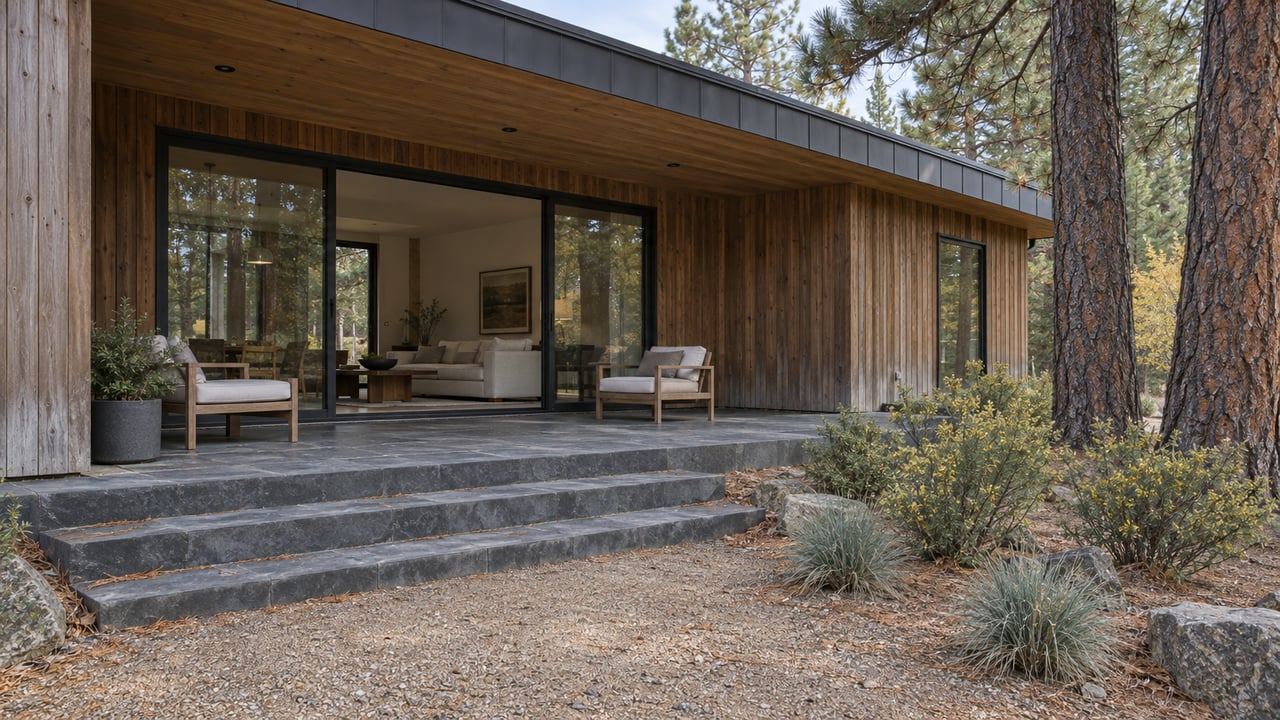 Cedar-clad home with a covered basalt terrace, broad glass doors, and dry planting beneath pine trees.