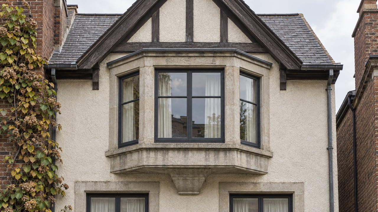 A limestone residential window bay beneath a slate gable, with ivory stucco, weathered timber and autumn climbing hydrangea.