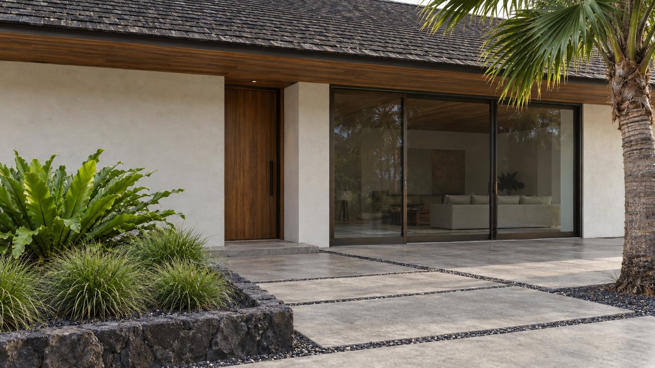 Pale-stucco home with a recessed timber door, glazed slider, concrete approach slabs, and a palm at the edge.