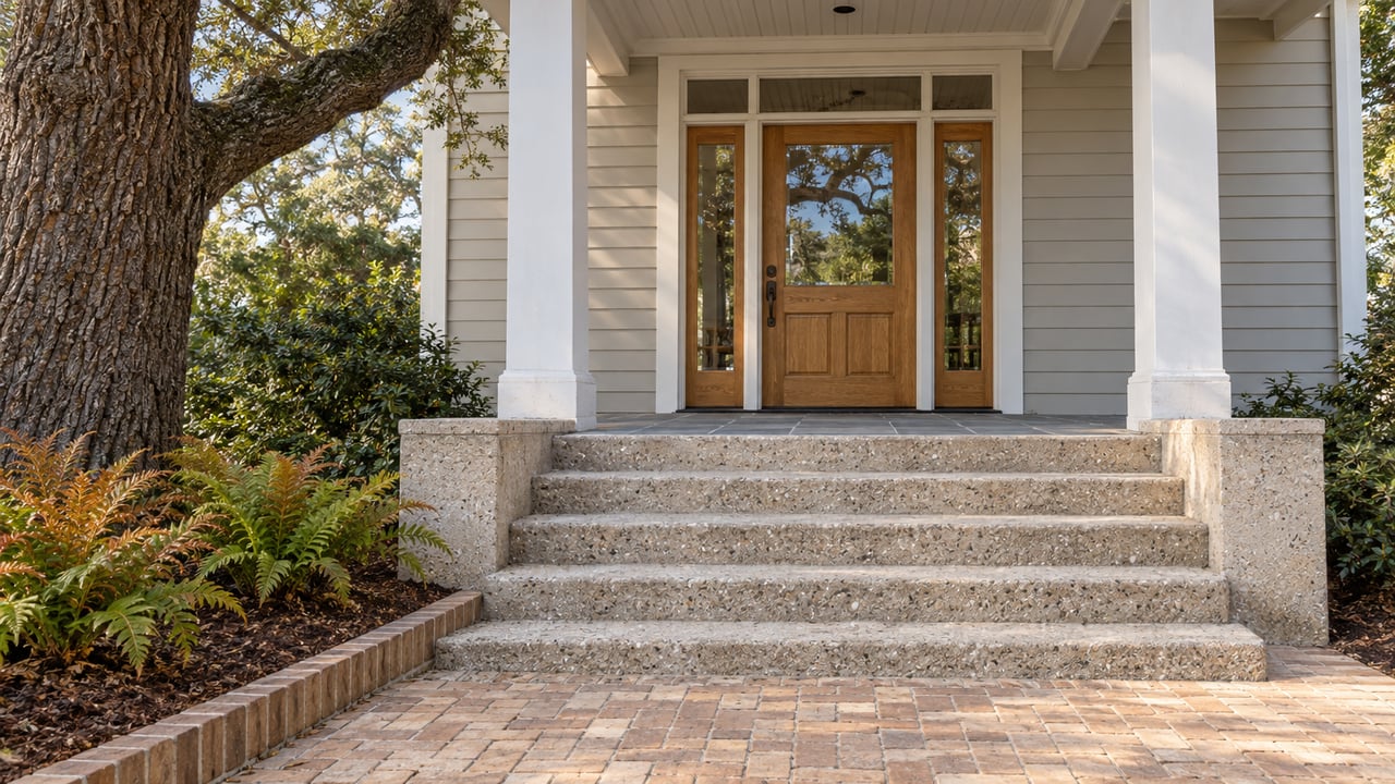 Broad shell-aggregate steps lead to a sheltered oak-and-glass entry, with painted timber columns, pale wood siding and ferns beside a mature live oak.