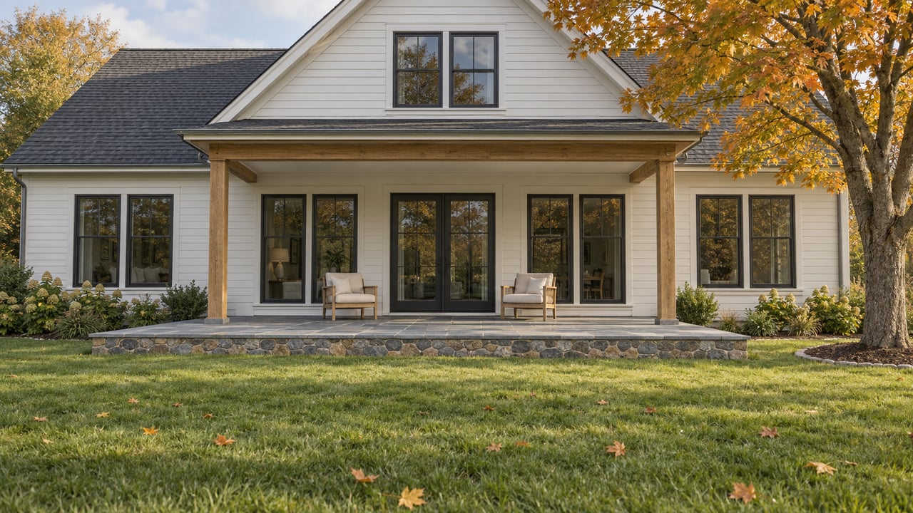 Autumn lawn leading to a white gabled home with an oak-post porch, raised bluestone terrace and amber sugar maple.
