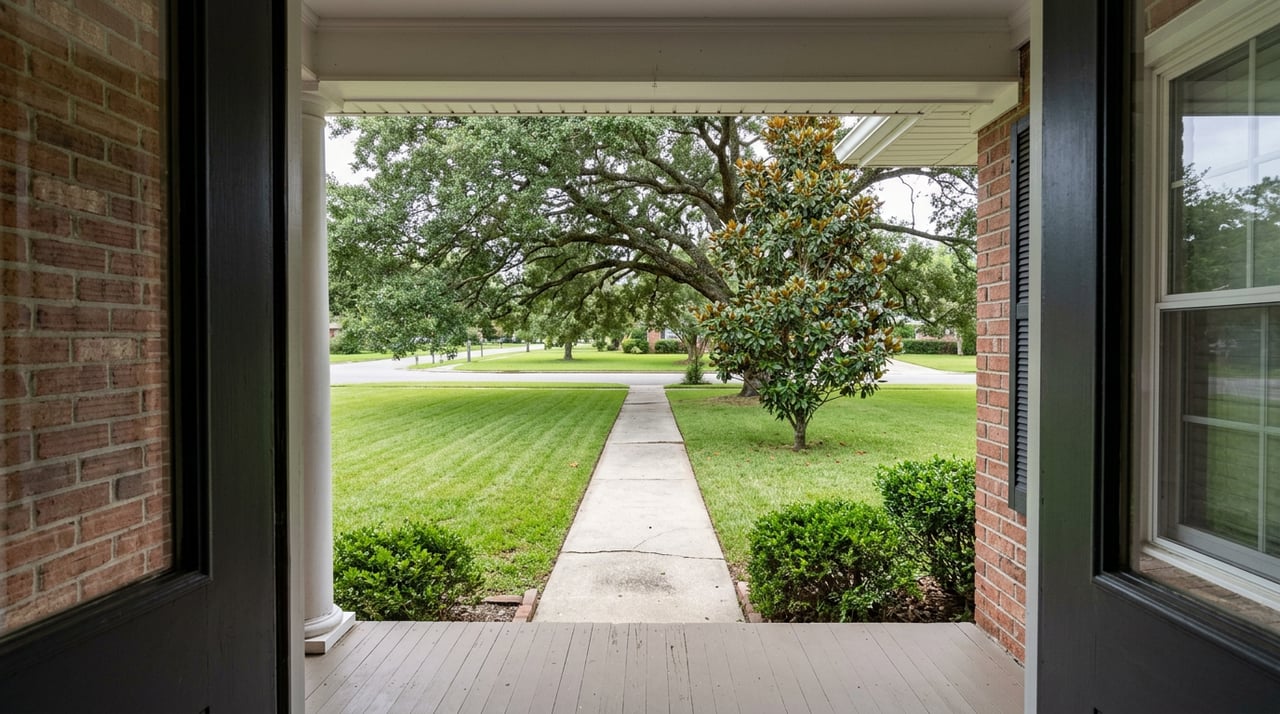 Concrete walk crosses a broad lawn beneath an arching live oak, with brick facade and clipped shrubs at the edges.