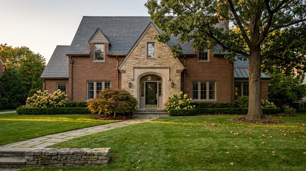 Two-story brick-and-stone house with a slate gable, arched entry, oak canopy, and diagonal flagstone walk across a broad lawn.