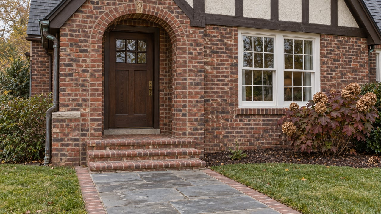 Red-brown brick arched entrance with a dark oak door, white multipane window, textured stucco and timber, and autumn oakleaf hydrangea beside a stone path.