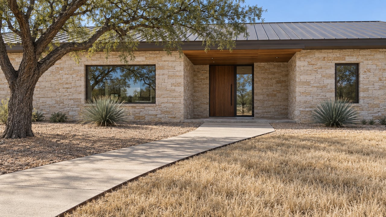 Low morning view of a limestone home with a recessed wood entry, broad concrete approach, mature mesquite, and dry native lawn.