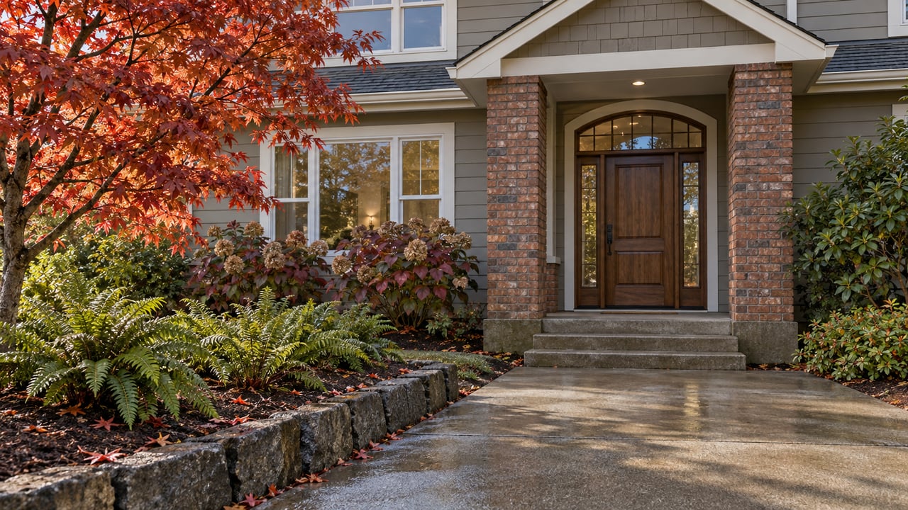 Autumn maple beside a concrete approach to a gray lap-sided home with brick porch piers and a glazed oak entry.