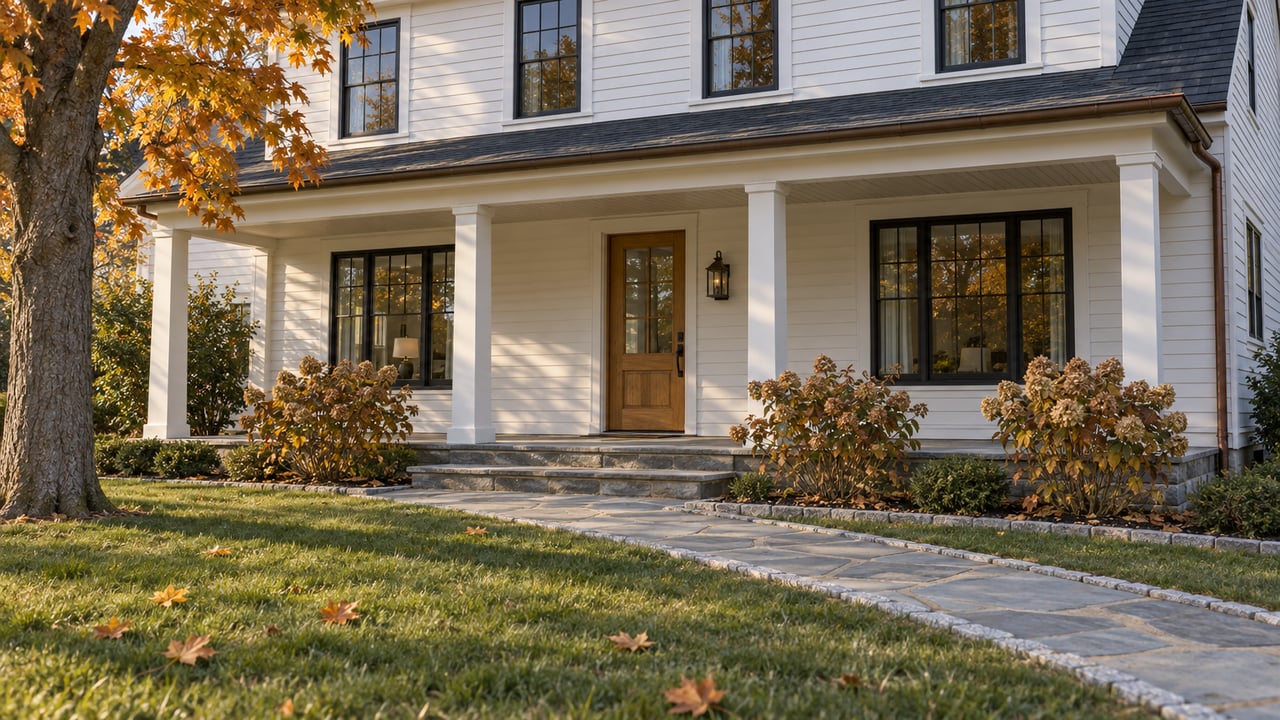 White clapboard home with black-framed windows, an oak front door and bluestone approach across an autumn lawn beneath an orange sugar maple.