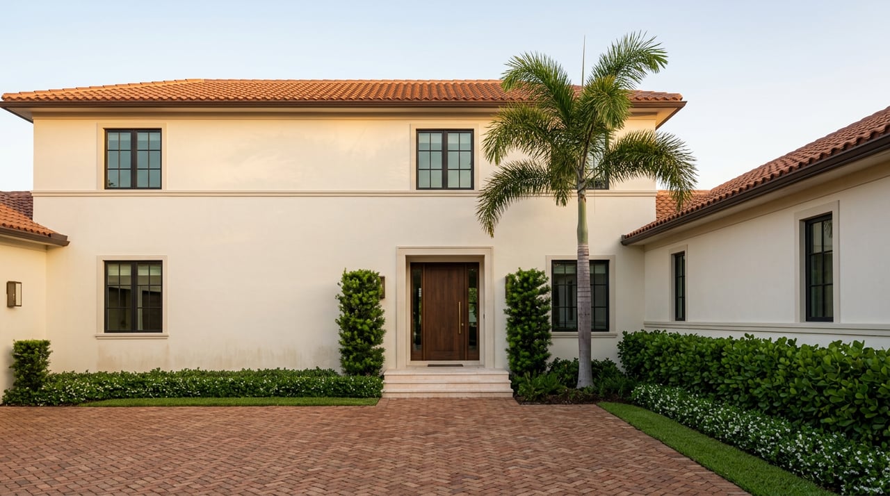 Two-story cream stucco estate with terracotta tile roof, walnut entry door, royal palm, and herringbone paver court.