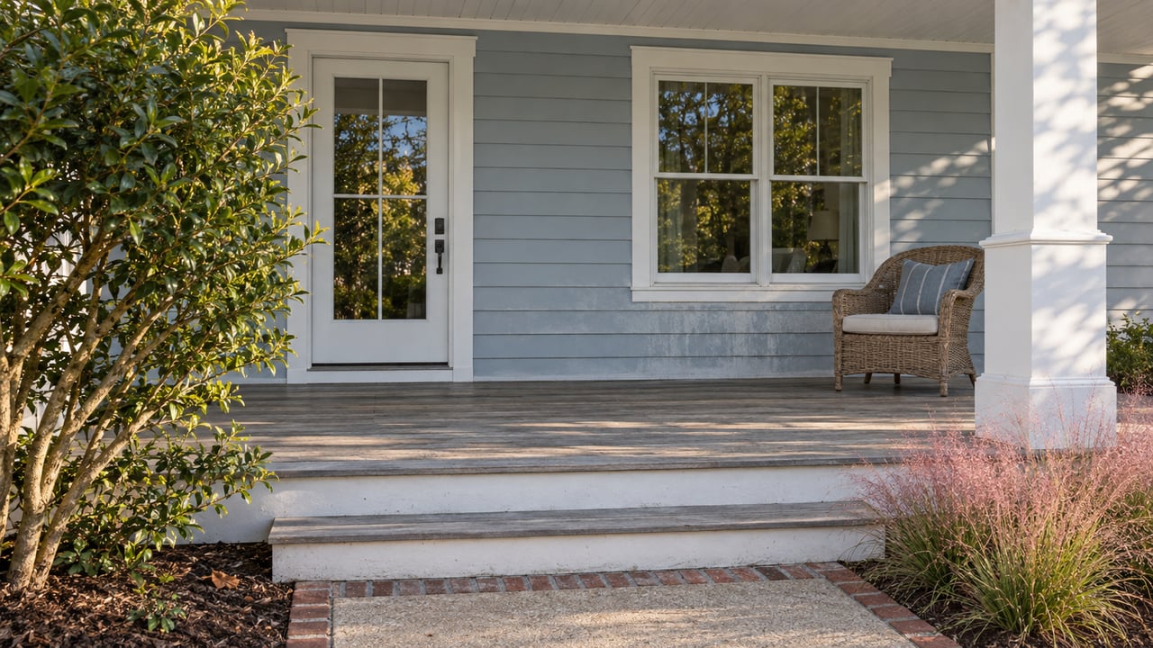 Light blue-gray home siding and a white-trimmed porch with weathered timber steps, a woven chair and pink flowering grasses.