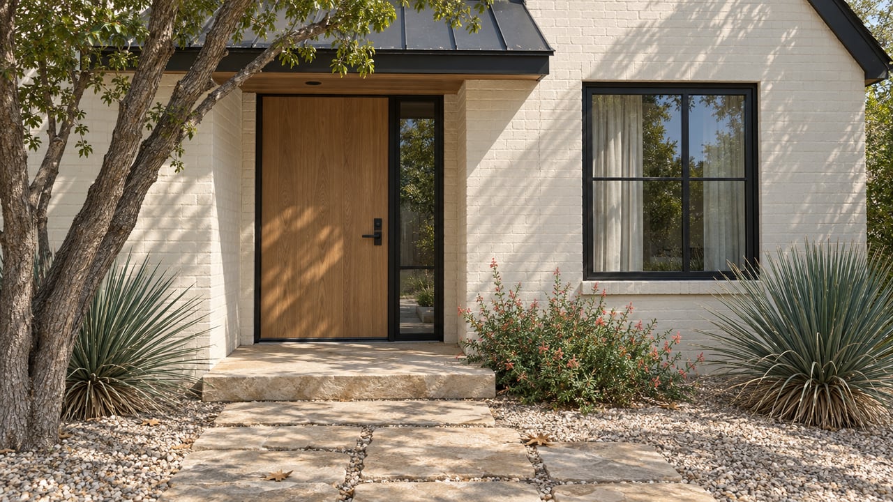 Cream-brick house entrance with an oak door, black-framed sidelight, limestone path, and desert plants.