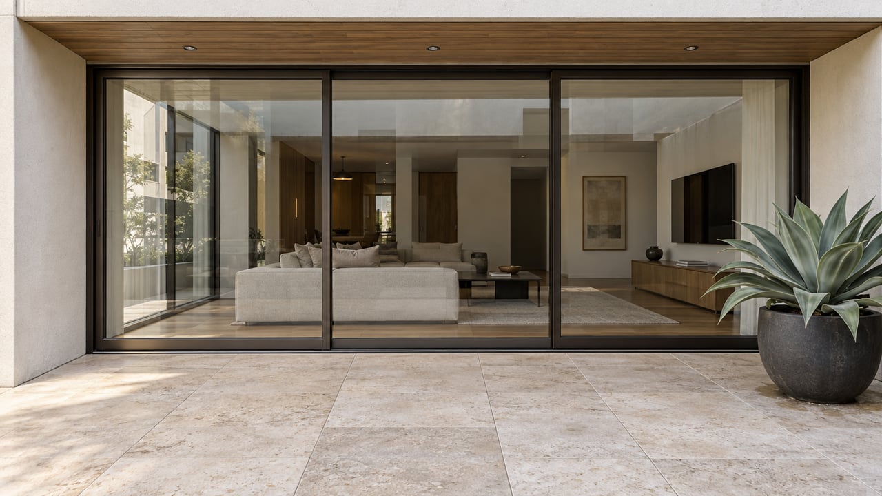 Condo terrace with pale stone paving, a bronze-framed glass wall, and an agave in a charcoal pot.