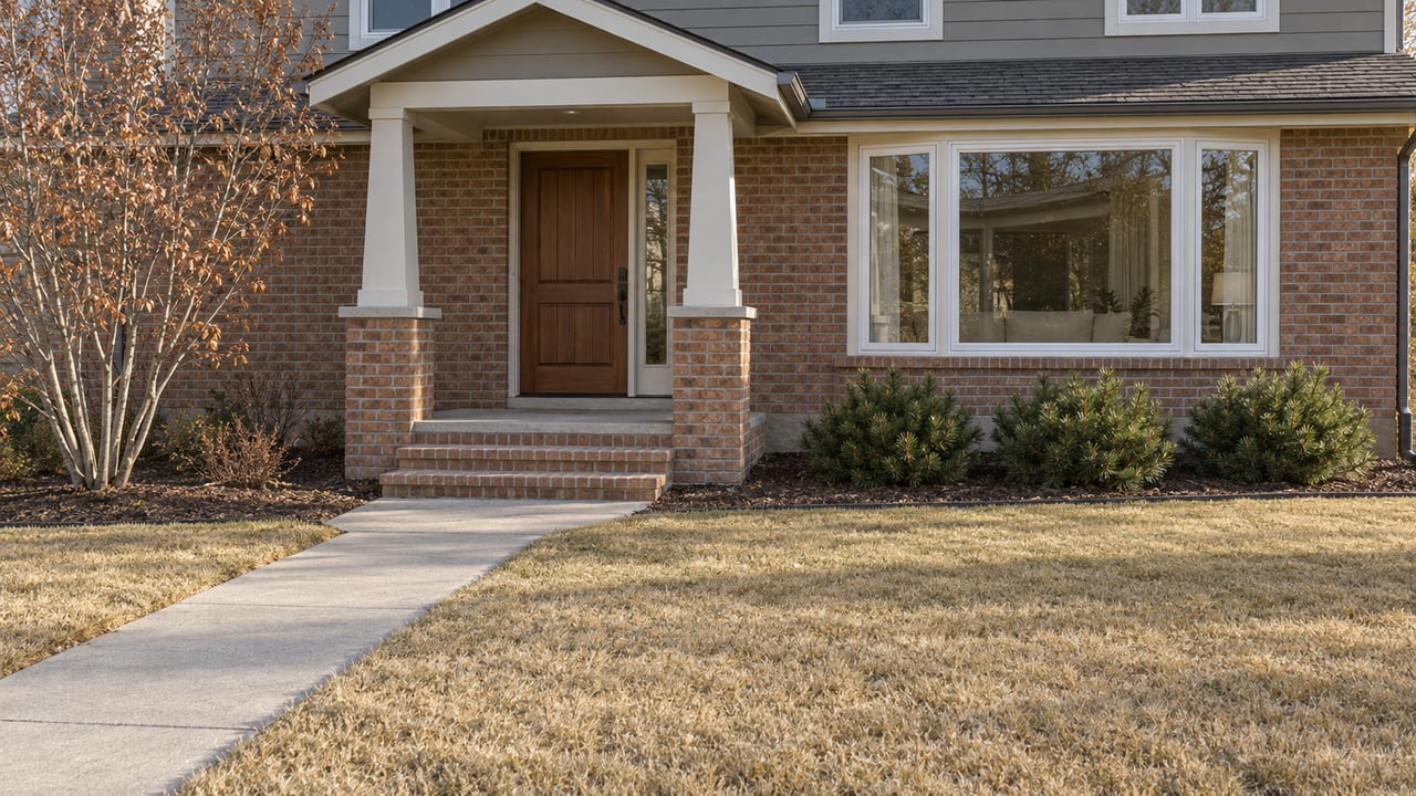 A brick and gray-sided two-story home with a covered porch, concrete front walk and dormant lawn in afternoon light.