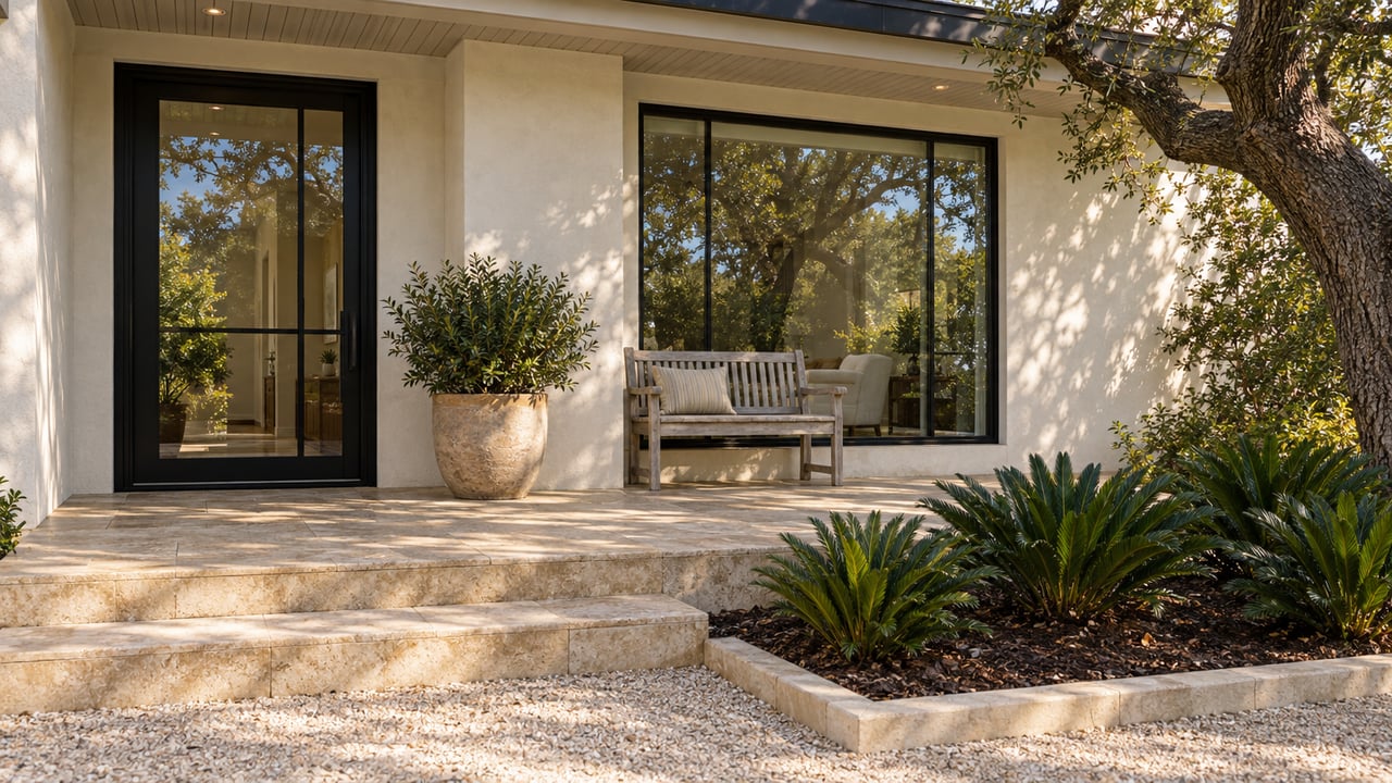 Warm-white home entrance with black-framed glass, limestone steps, a weathered teak bench, and sculptural native planting in morning light.