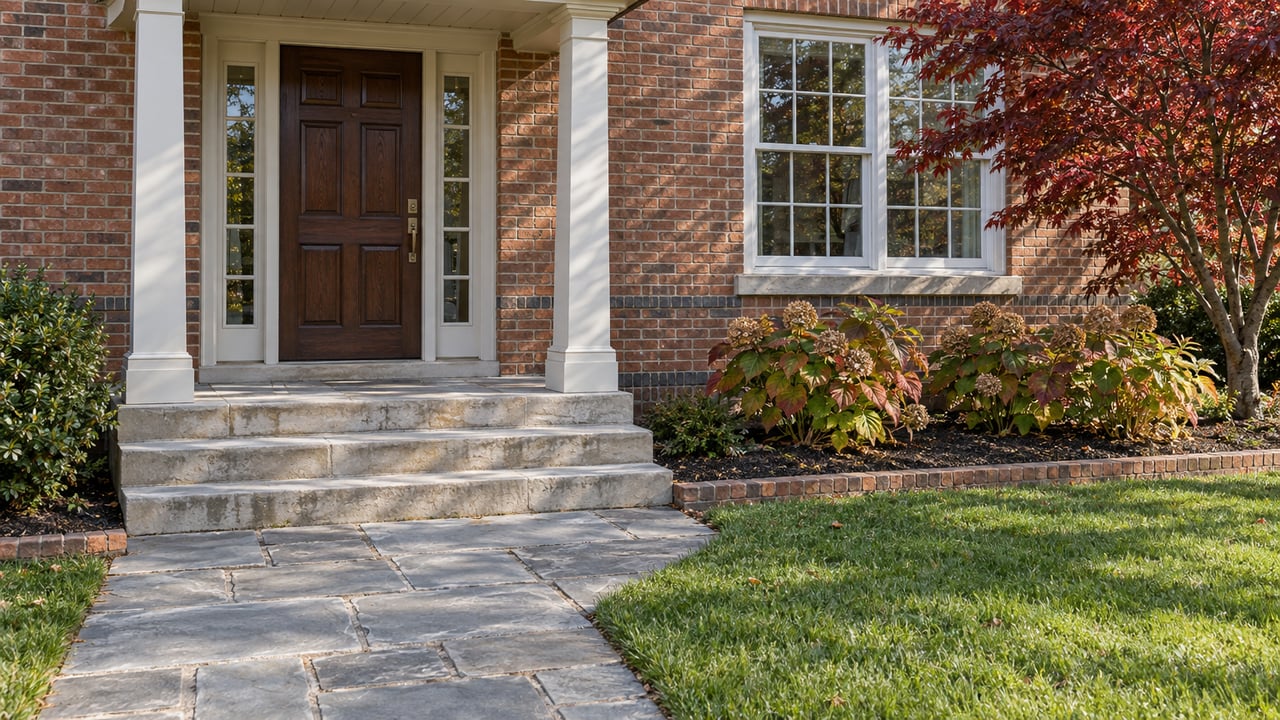 Brick home entrance with paired glazed sidelights, limestone steps, a flagstone approach and autumn garden planting.