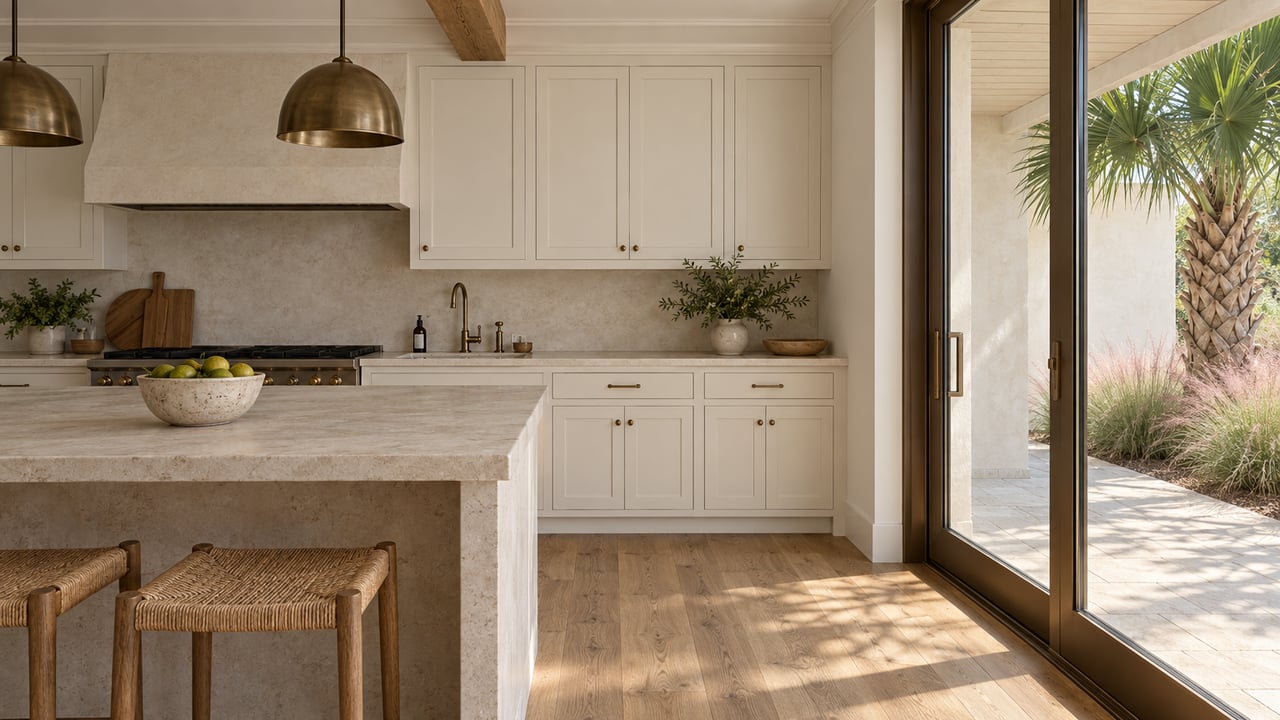 Coastal kitchen with a pale limestone island and bronze-framed glass door opening onto a palm-lined porch.