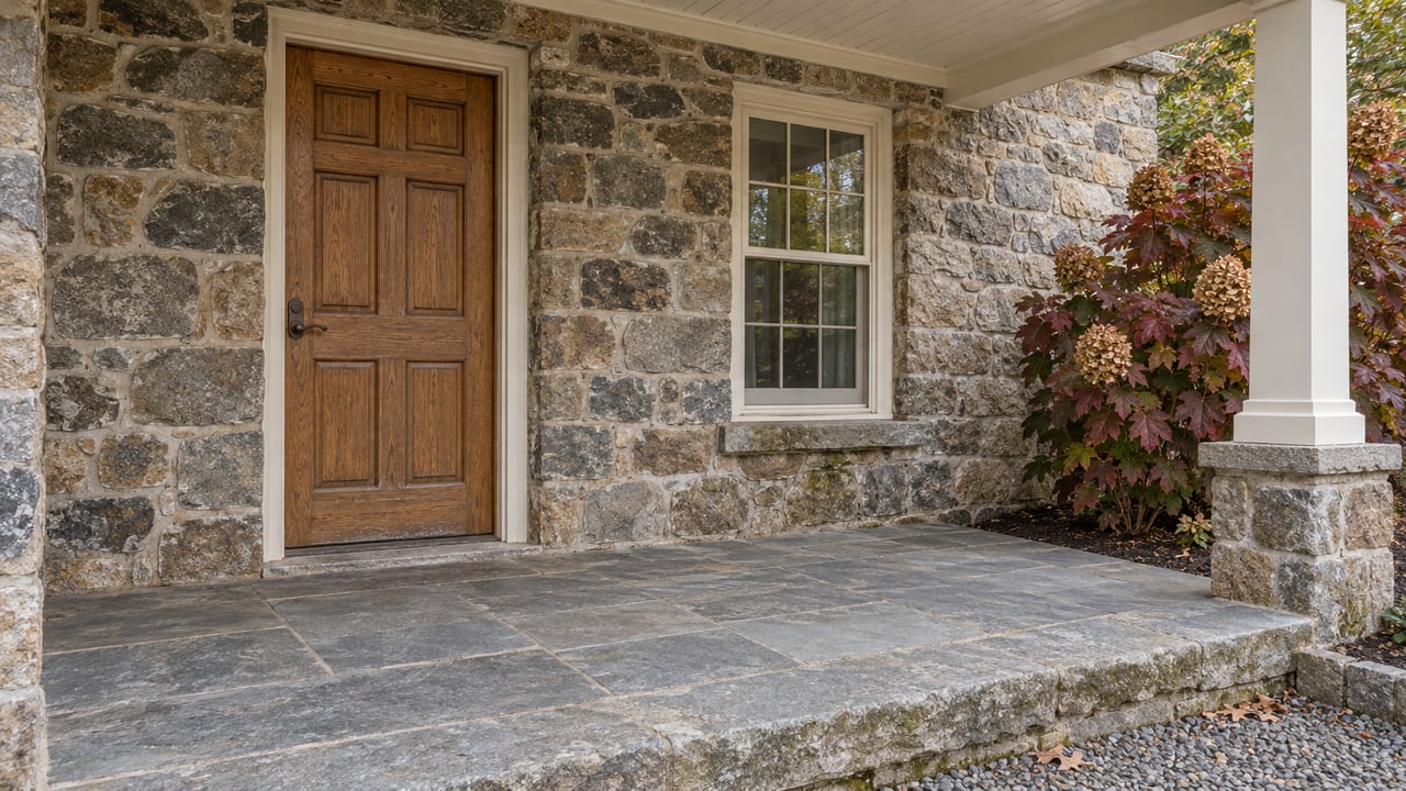 Weathered fieldstone porch with an oak entry door, white timber window and blue-gray flagstone steps beside autumn oakleaf hydrangea.
