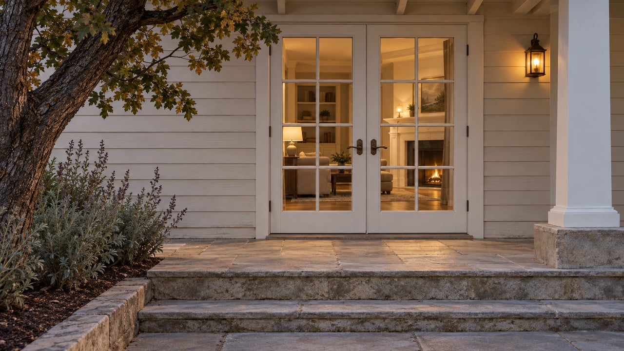 Cream wood-sided home entrance at dusk with closed French doors, worn limestone steps, and oak branches along the edge.