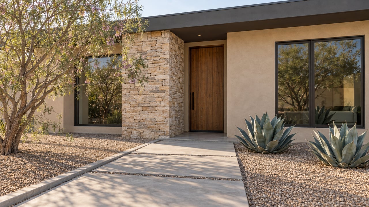 Sand-colored stucco house with a timber door, stacked-stone pier, and desert plants beside a broad concrete walk.
