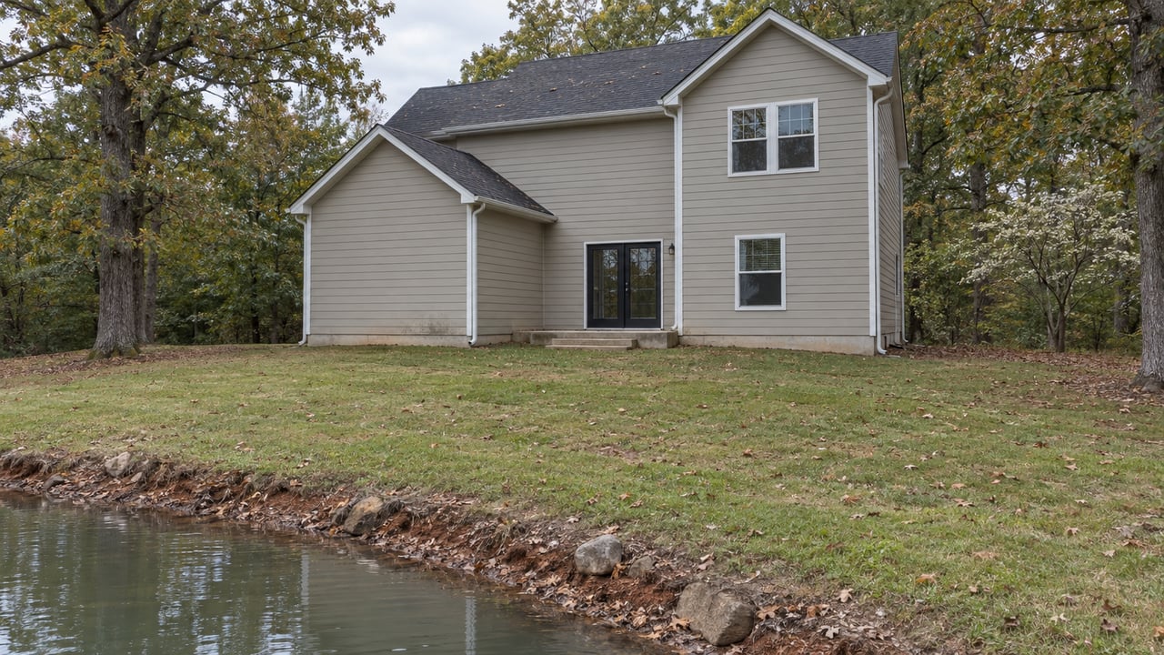 Taupe two-story house with dark gabled roof beyond a sloping lawn, beside a narrow water edge.